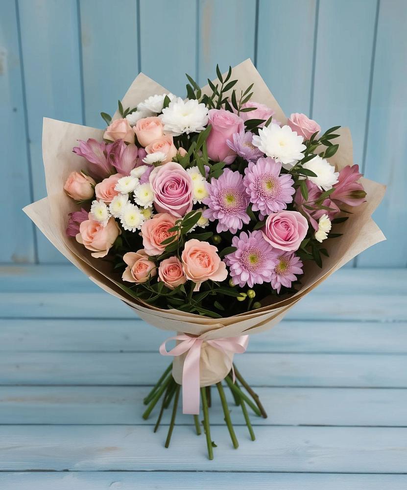 Букет цветов из: Хризантемы, Розы и Альстромерии в Ясном Ставропольского края