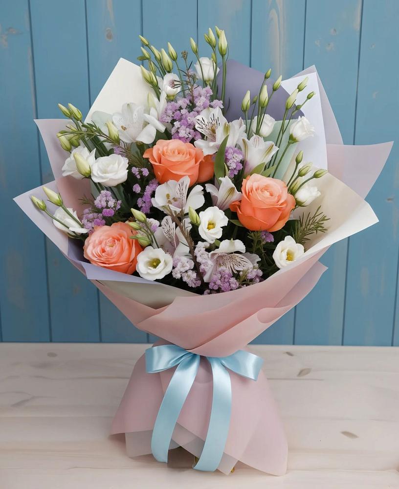 Букет цветов из: Лизиантусы, Розы, Альстромерии и Гипсофила в Ясном Ставропольского края