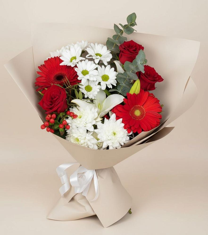 Букет цветов из: Розы, Хризантемы, Герберы и Лилии в Ясном Ставропольского края