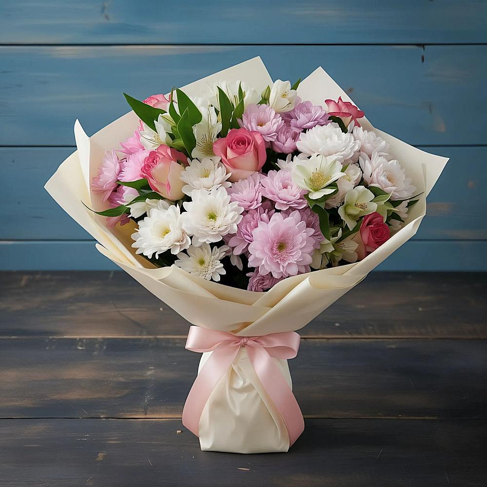 Букет цветов из: Хризантемы, Альстромерии и Розы в Ясном Ставропольского края